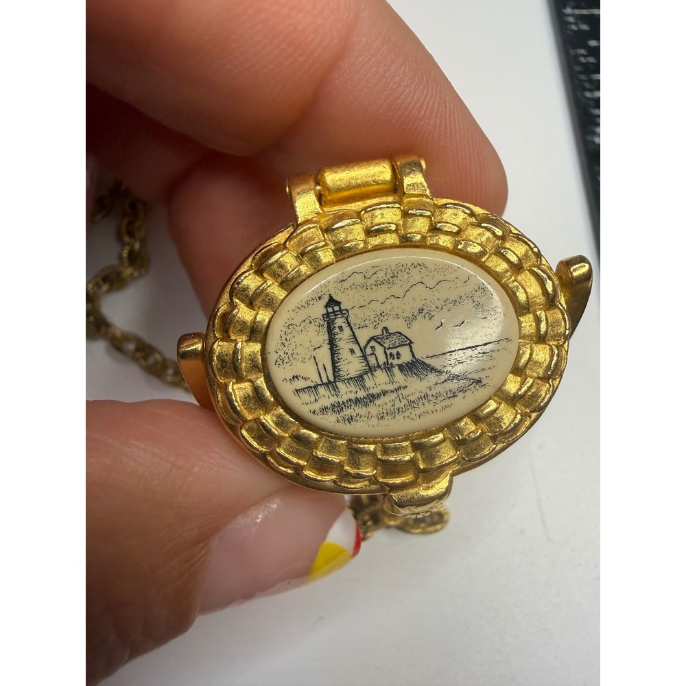 Talbots Nantucket Basket Locket Necklace Gold Tone Scrimshaw Lighthouse Pendant